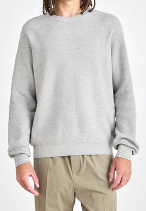 Pull à col rond gris clair avec une texture côtelée, manches longues et coupe décontractée. Associé à un pantalon beige. Design minimaliste.