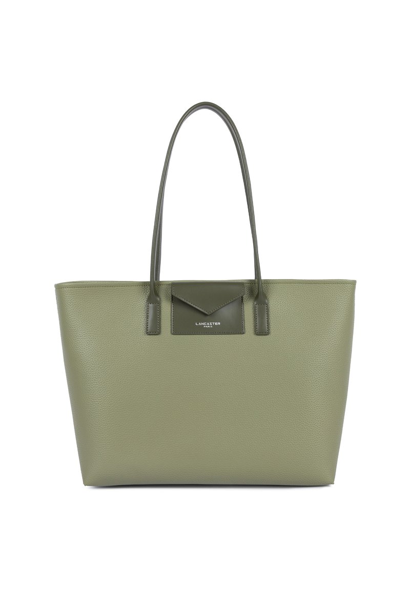 Grand sac tote vert texturé avec doubles poignées et une petite poche de style enveloppe arborant le logo Lancaster Paris.