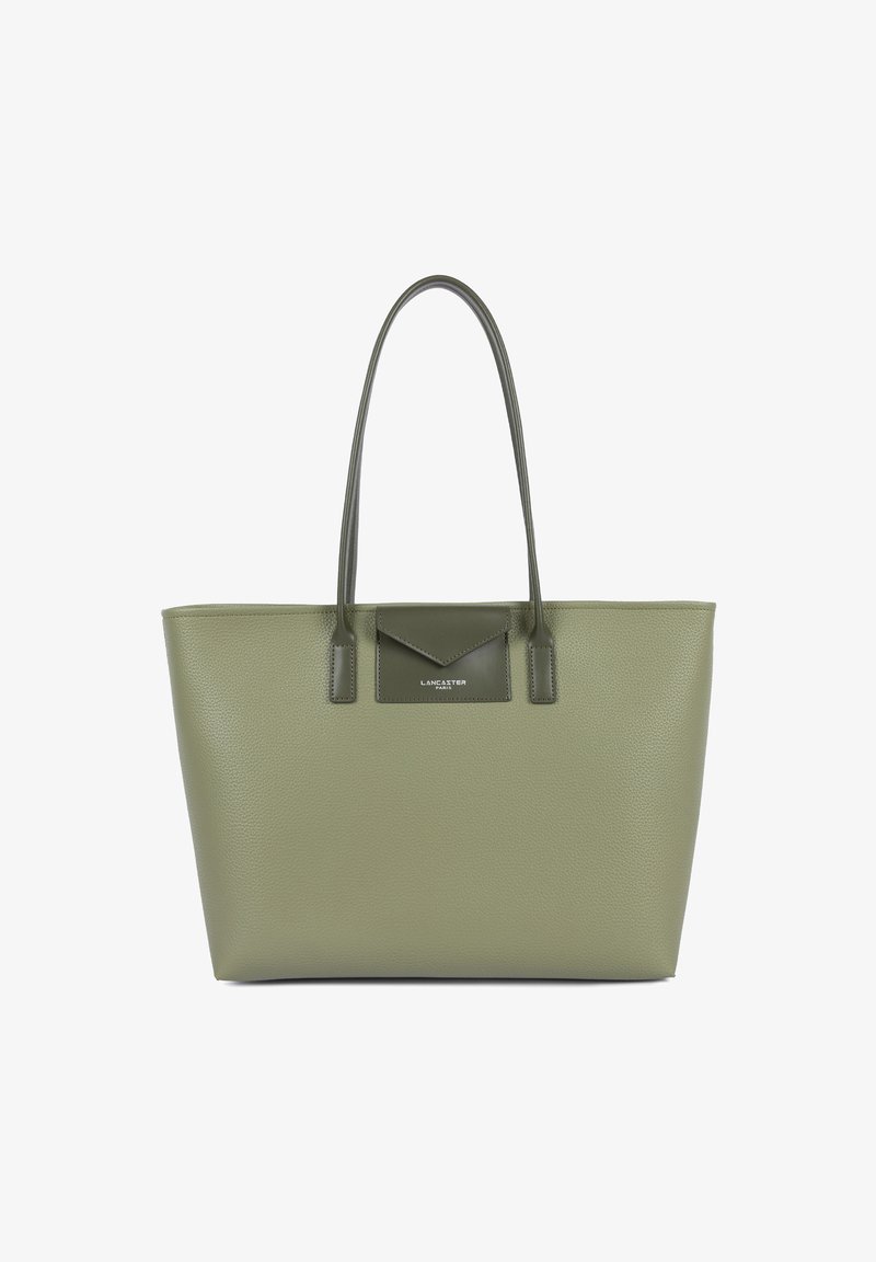 Grand sac tote vert texturé avec doubles poignées et une petite poche de style enveloppe arborant le logo Lancaster Paris.