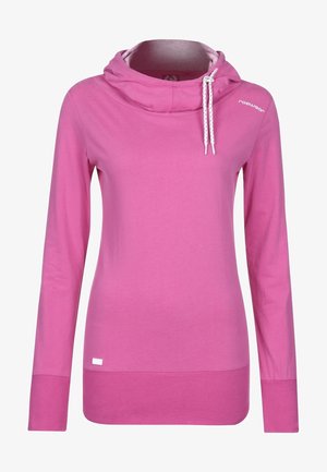 Roze hoodie met lange mouwen gemaakt van zachte stof, met een gedrapeerde capuchon, verstelbare witte trekkoorden en een logo op de borst.