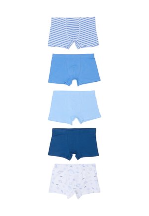 Fünf Paare Jungen-Boxershorts: gestreift blau, einfarbig hellblau, einfarbig mittelblau, einfarbig dunkelblau und weiß mit blauen, raumthematischen Mustern.