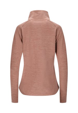 Langarmtop in een stofkleur van stoffig rozenrood, gemaakt van zachte, gestructureerde stof. Heeft een hoge kraag en een gebogen zoom aan de achterkant.