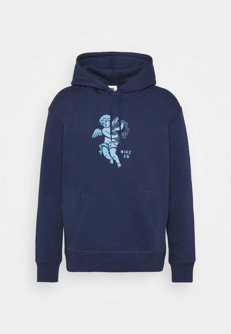 Sweat à capuche bleu marine avec poche avant, graphique chérubin bleu clair tenant des fleurs, et texte "NIKE SB" sur la poitrine.