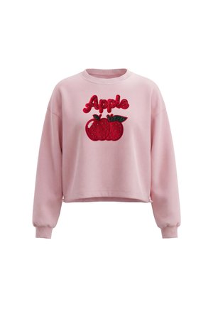 Lyserød langærmet sweatshirt med et rødt paliet-æblegrafik og ordet "Apple" henover brystet.