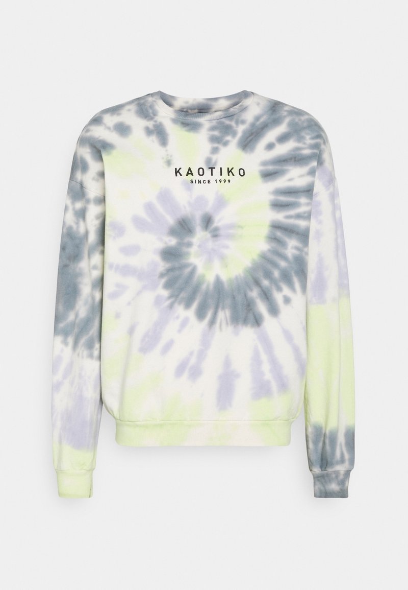 Sudadera de tie-dye en blanco, gris y verde; cuenta con cuello redondo, mangas largas y logo impreso "KAOTIKO desde 1999" en la parte frontal.