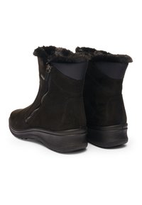 Black ankle boots with side zippers, fur lining around the top, and textured rubber soles shown from a rear angle on a white background.