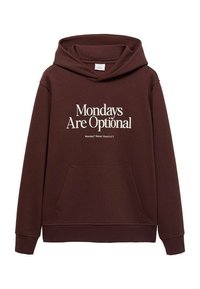 Hnědá mikina s kapucí a přední kapsou. Obsahuje bílý text: "Pondělí jsou volitelné" a "Pondělí? Nikdy jsem o tom neslyšel." Měkká látka.