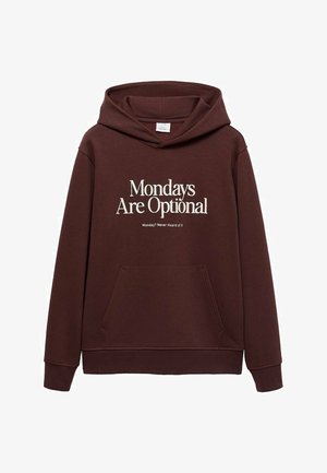 Rjava kapuca s kapuco in sprednjim žepom. Vključuje bel napis: "Ponedeljek je opcijski" in "Ponedeljka? Nikoli slišal o tem." Mehka tkanina.