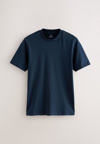 T-shirt bleu marine à manches courtes avec col rond et coupe ajustée musclée, présenté sur un fond clair.