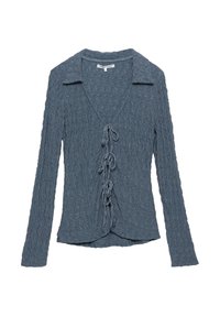 Rippstrick-Langarm-Cardigan aus weichem, strukturiertem blauen Stoff mit Kragen und frontaler Bindung, die mit Schlaufe-Details versehen ist.