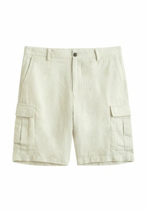 Beige Cargo-Shorts mit vorderem Knopf und Reißverschluss, zwei seitlichen Taschen und zwei großen Klappentaschen an jedem Oberschenkel.