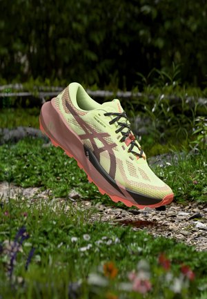 Zapatilla de trail running amarilla y marrón con cordones negros flotando sobre un camino de grava rodeado de hierba verde y flores.