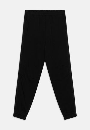 Pantalons de survêtement noirs avec une taille élastique, des jambes fuselées et des poches latérales. Fabriqués en tissu doux avec une texture lisse.