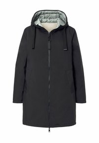 Schwarze isolierte Jacke mit Kapuze, mit einem Reißverschluss vorne, zwei seitlichen Taschen und einem hellgrauen gesteppten Futter für Wärme.