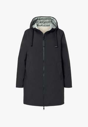Schwarze isolierte Jacke mit Kapuze, mit einem Reißverschluss vorne, zwei seitlichen Taschen und einem hellgrauen gesteppten Futter für Wärme.