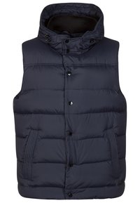 Marineblau gepolsterte ärmellose Weste mit hohem Kragen, Druckknopfverschluss und zwei Fronttaschen mit strukturierter Einfassung.