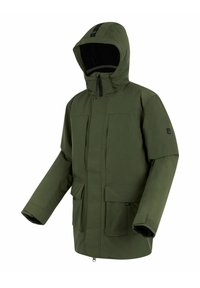 Olijfgroene geïsoleerde winterjas met capuchon, ritssluiting aan de voorkant, borstzak, twee grote klepzakken en verstelbare manchetten.