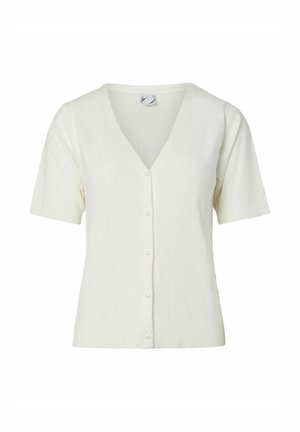 Cardigan blanc à manches courtes avec col en V, cinq boutons en perle sur le devant, ourlet et bords des manches côtelés.