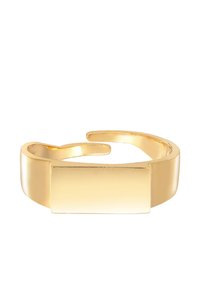 Guldmetal cuff ring med en flad rektangulær plade i midten. Glat, poleret overflade og et åbent design for justerbarhed.