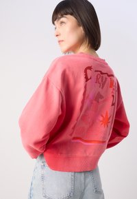 Sudadera corta rosa con un diseño gráfico que presenta varias formas y patrones en la parte posterior, combinada con jeans de mezclilla azul claro.