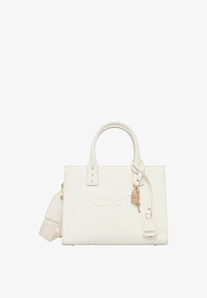 Sac à main blanc Liu Jo Milano avec poignées supérieures, bandoulière amovible et un petit porte-clés en forme de cadenas sur le devant.
