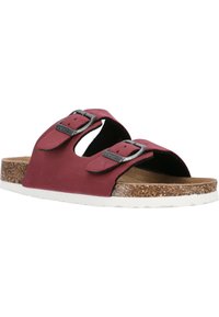 Bordeaux slide sandaler med to justerbare remme, sølvspænder, korksål og struktureret hvid ydersål. Glat mat finish.