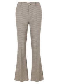 Uitgebreide geruite broeken in grijs en beige, met een aansluitende taille, sluiting met een knoop aan de voorkant en een textuurstof met een klein ruitpatroon.