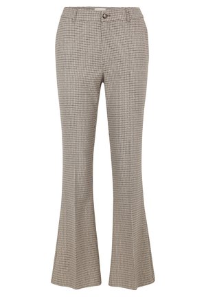 Uitgebreide geruite broeken in grijs en beige, met een aansluitende taille, sluiting met een knoop aan de voorkant en een textuurstof met een klein ruitpatroon.