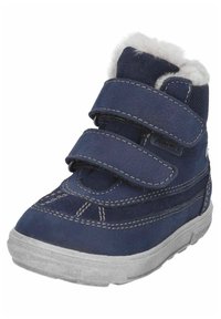 Scarpa alta blu navy con due cinturini in velcro, morbida fodera bianca e suola in gomma grigia; presenta motivi cuciti sulla parte superiore.