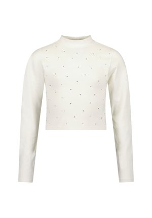 Sweter z długim rękawem, w kolorze ecru, krótki, z małymi, rozproszonymi srebrnymi nitami z przodu i wysokim okrągłym dekoltem.