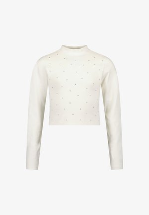 Sweter z długim rękawem, w kolorze ecru, krótki, z małymi, rozproszonymi srebrnymi nitami z przodu i wysokim okrągłym dekoltem.