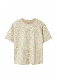 Beige short-sleeve t-shirt featuring a leaf pattern in a lighter shade, made of soft fabric with a crew neck and relaxed fit.