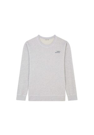 Lichtgrijze sweatshirt met lange mouwen, ronde halslijn en geribbelde manchetten. Bevat een klein logo in donkerblauw op de linkerborst.