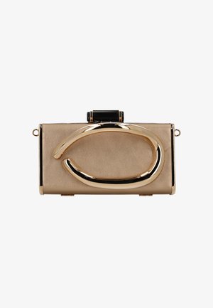 Beige clutch bag with a textured leather finish, featuring a large gold metal loop detail, black clasp, and gold accents on edges.