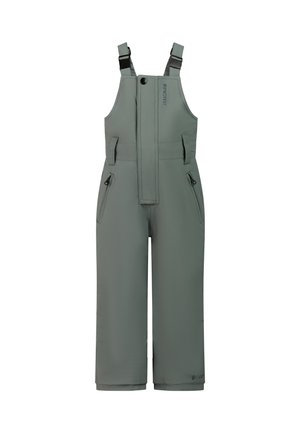Pantalon salopette imperméable sans manches gris verdâtre avec bretelles réglables et poches zippées sur les côtés.
