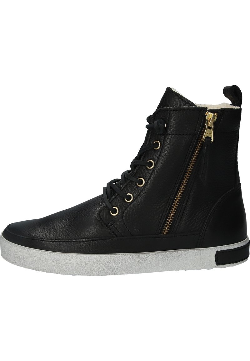 Baskets montantes en cuir noir avec semelle blanche, lacets à l'avant, fermeture éclair latérale dorée et doublure intérieure douce visible en haut.