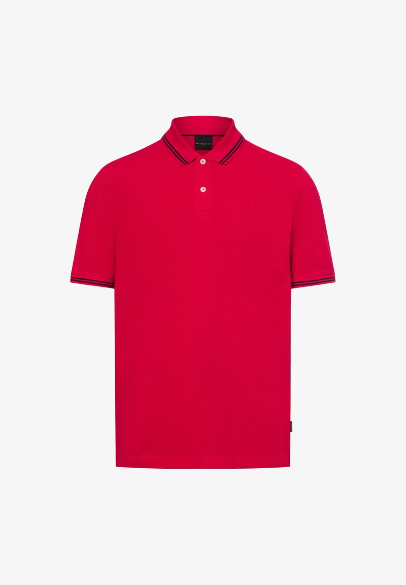 Red polo shirt made of cotton, featuring a two-button placket, contrasting black and white stripes on the collar and sleeves, and a logo detail.