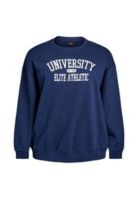 Sudadera de color azul marino con cuello redondo acanalado, mangas largas y un corte relajado. Presenta texto impreso en blanco: "UNIVERSITY ELITE ATHLETIC EST 1991."
