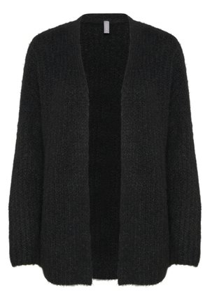 Cardigan negru tricotat, cu o croială lejeră, deschis în față și mâneci lungi. Material texturat cu un aspect moale și pufoș. Fără închizători.
