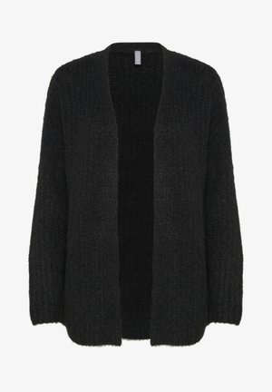 Zwarte gebreide cardigan met een losse pasvorm, open voorkant en lange mouwen. Geweven stof met een zachte, donzige uitstraling. Geen sluitingen.