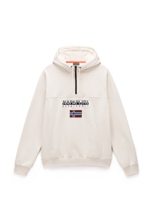 Sweat-shirt à capuche crème, avec une poche avant, fermeture à demi-zip et un graphique de marque avec le drapeau norvégien. Tissu doux et coupe décontractée.