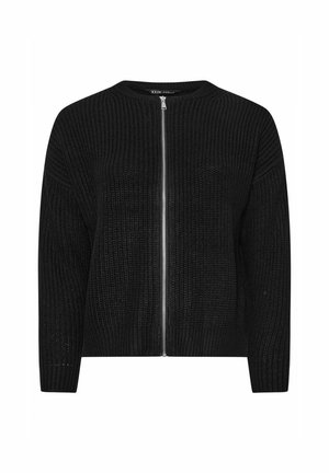 Schwarze gestrickte Cardigan mit rundem Ausschnitt, langen Ärmeln und einem durchgehenden Frontreißverschluss. Die Struktur weist ein geribbeltes Muster auf.