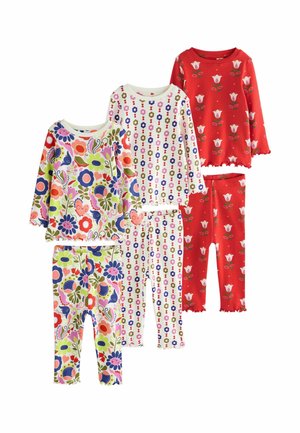 Drei Sets aus langärmeligen Oberteilen und Leggings für Kinder mit bunten Blumenmustern in Rot, Weiß und Multicolor auf einem weißen Hintergrund.