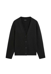 Czarny kardigan wykonany z miękkiej dzianiny, z głębokim dekoltem w kształcie litery V, długimi rękawami i sześcioma guzikami z przodu. Brzegi wykończone ściągaczem.