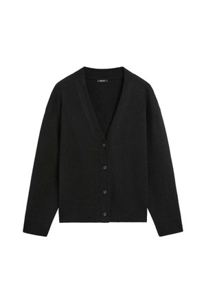 Černý kardigan z měkké pletené látky s hlubokým výstřihem do V, dlouhými rukávy a šesti knoflíky vpředu. Žebrovaný lem.