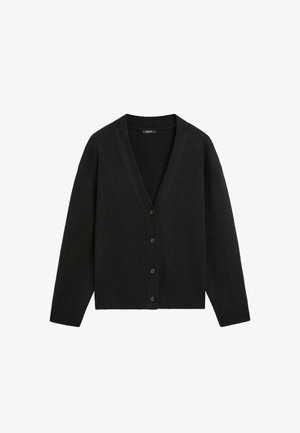 Cardigan noir en tissu maille douce, à col en V profond, manches longues et six boutons sur le devant. Ourlet côtelé.