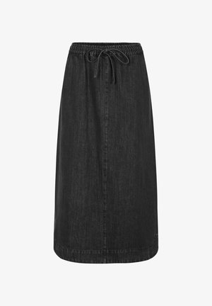 Melnas denima svārki ar elastīgu jostasvietu un auklu. Taisna piegriezuma, līdz ceļiem, ar vienkāršu apdari un gludu tekstūru.