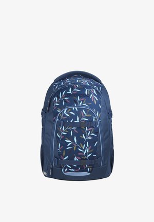 Marineblauer Rucksack mit mehrfarbigem Blattmuster, Fronttasche, verstellbaren Gurten und "coocazoo"-Logo auf der oberen Vorderseite.