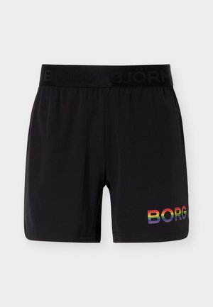 Czarne szorty sportowe z czarną gumą w talii i wielokolorowym napisem "BORG" na dolnej części prawej nogawki.