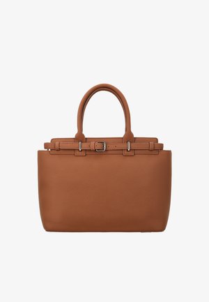 Borsa tote in pelle marrone con doppi manici e cintura decorativa con fibbia in argento lungo il bordo superiore.